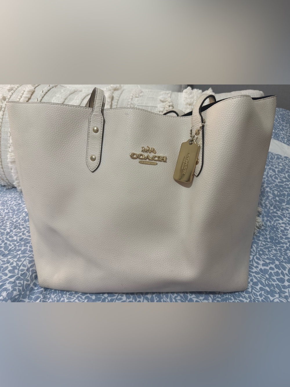 Coach Cream Pebble Leather Tote with Gold Hardware